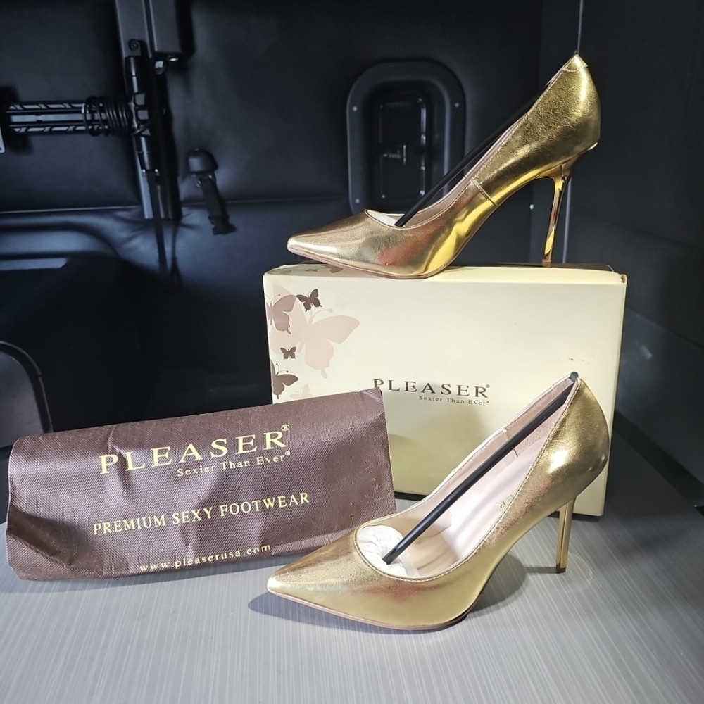 Pleaser Gold Metallic Pump 4" Stiletto Heels Size 8M New With Box‎ & Shoe Bag